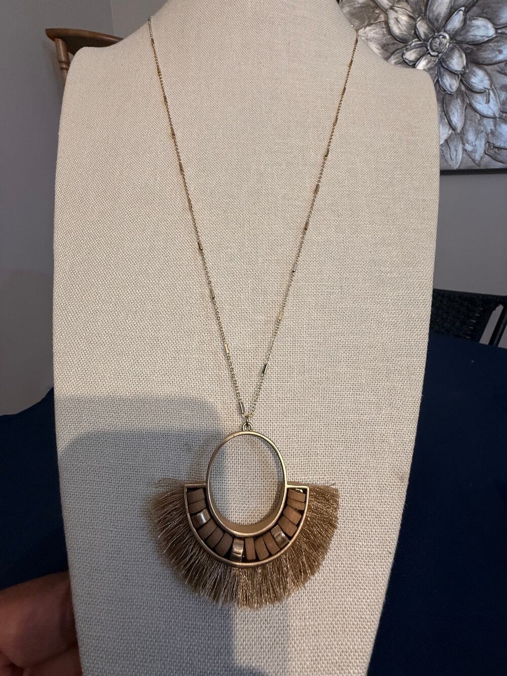 Vintage NOS Boho Fringe Statement Pendant Necklace 39”